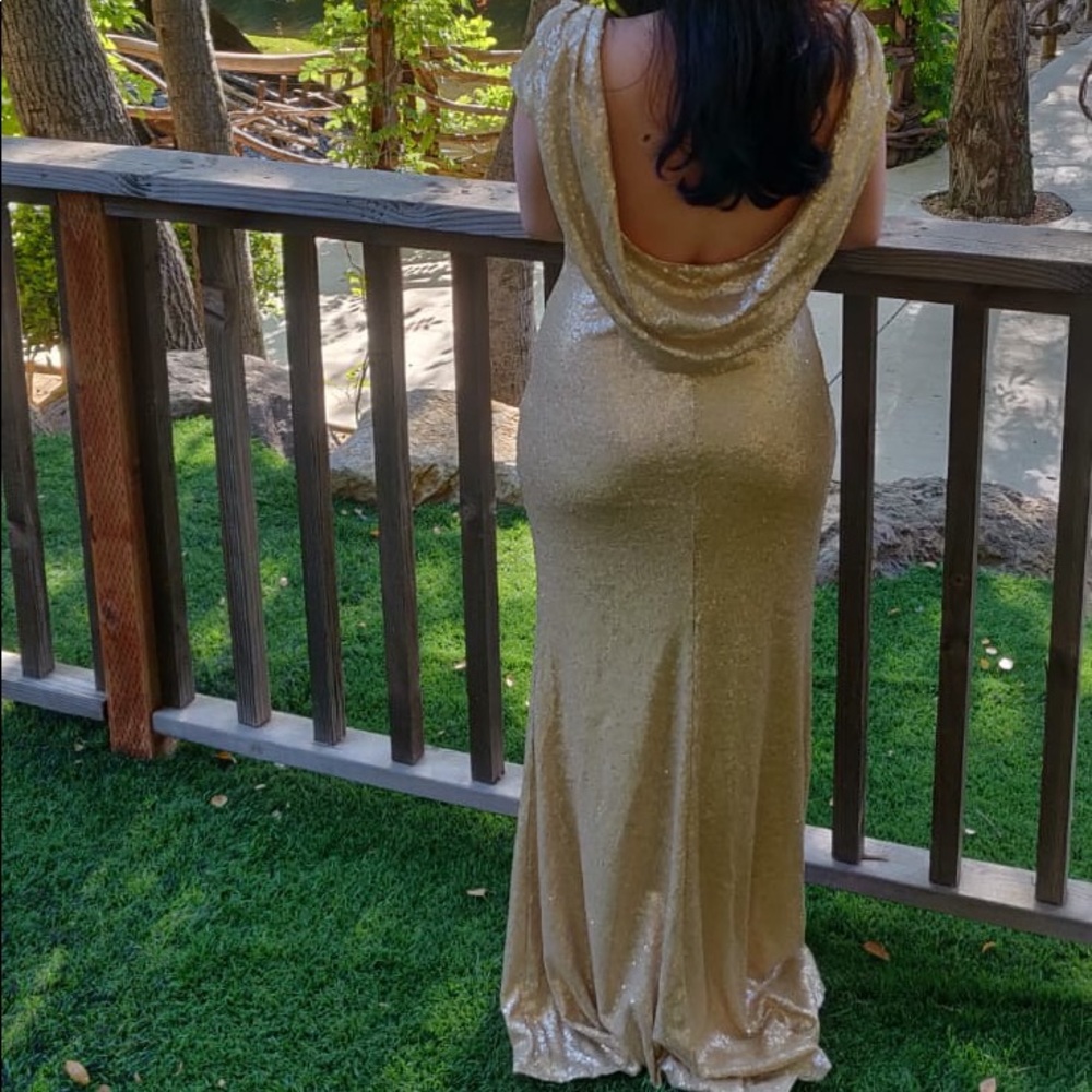 Gold sequin formal gown low back mermaid prom